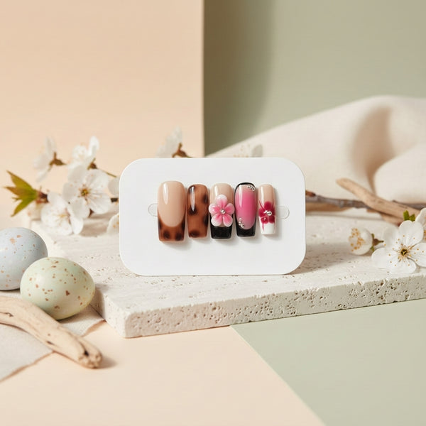 Leopard & Pink Floral Press-On Nails – Bold Glam with 3D Flower Accents