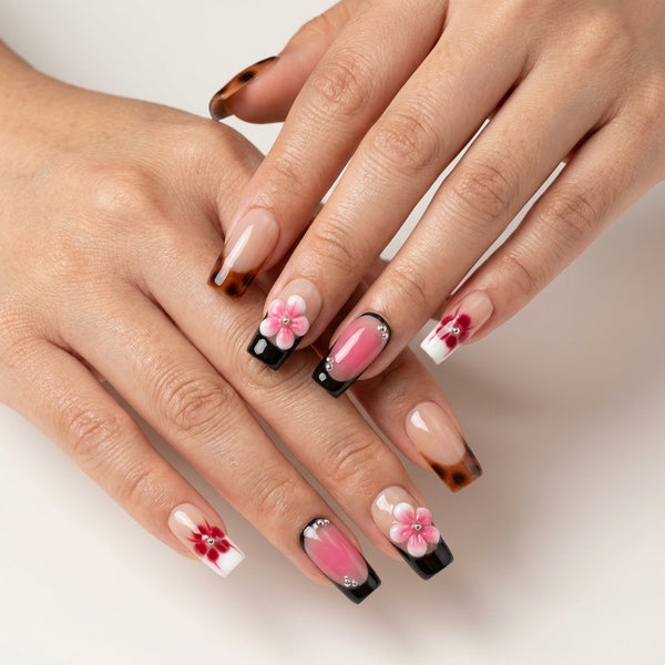 Leopard & Pink Floral Press-On Nails – Bold Glam with 3D Flower Accents