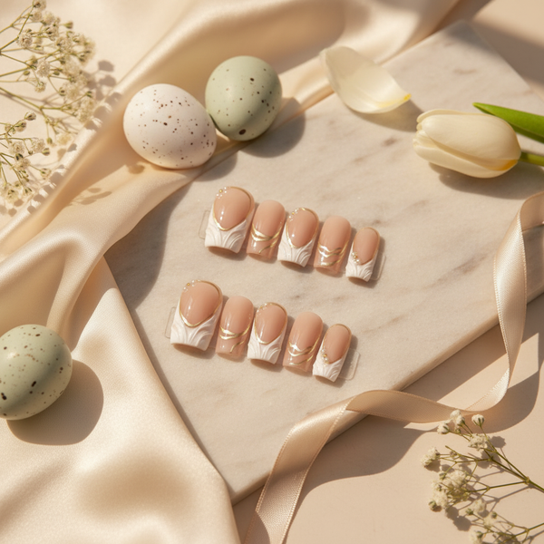 Minimalist Gold Line French Press-On Nails – Nude & White Elegant Design