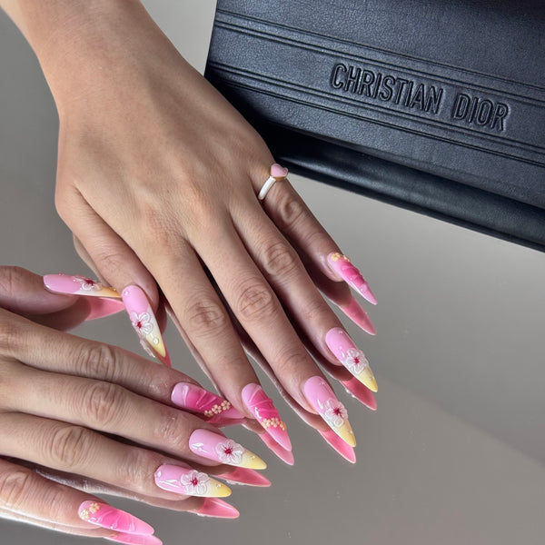 Blush Blossom Stiletto Nails – Pink Ombre Floral 3D Luxury Press-On Set