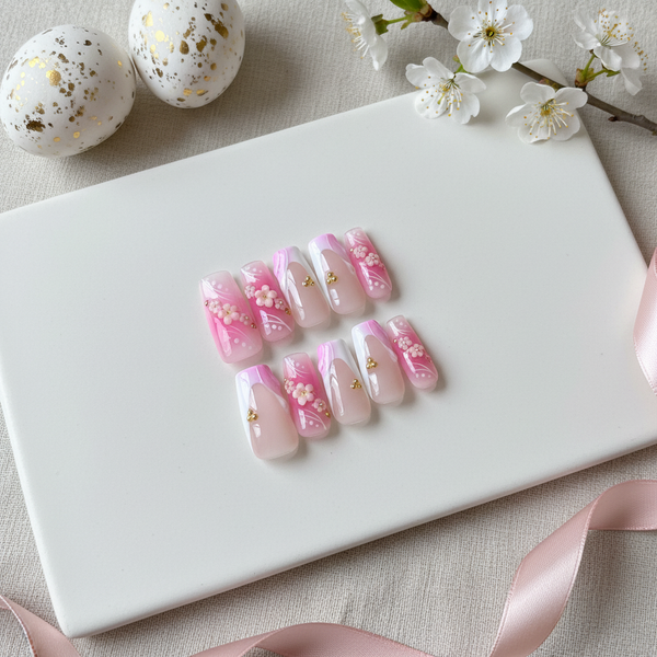 Pink Petal French Tips – Short Floral Gold Accent Press-On Nails