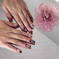 Velvet Cherry Blossom Nails – Burgundy Floral Almond Press-On Set