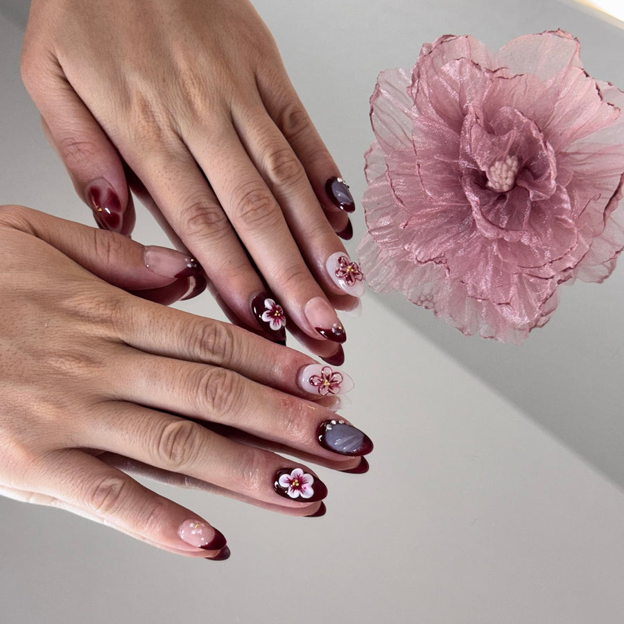 Velvet Cherry Blossom Nails – Burgundy Floral Almond Press-On Set