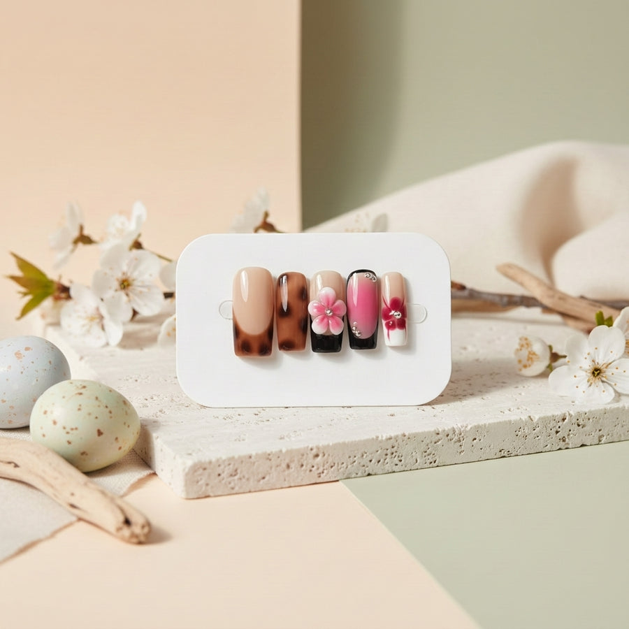 Leopard & Pink Floral Press-On Nails – Bold Glam with 3D Flower Accents