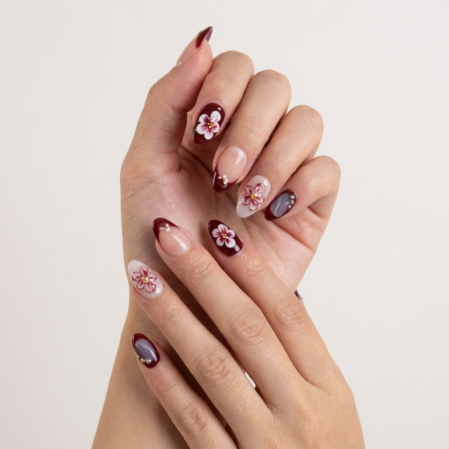 Velvet Cherry Blossom Nails – Burgundy Floral Almond Press-On Set