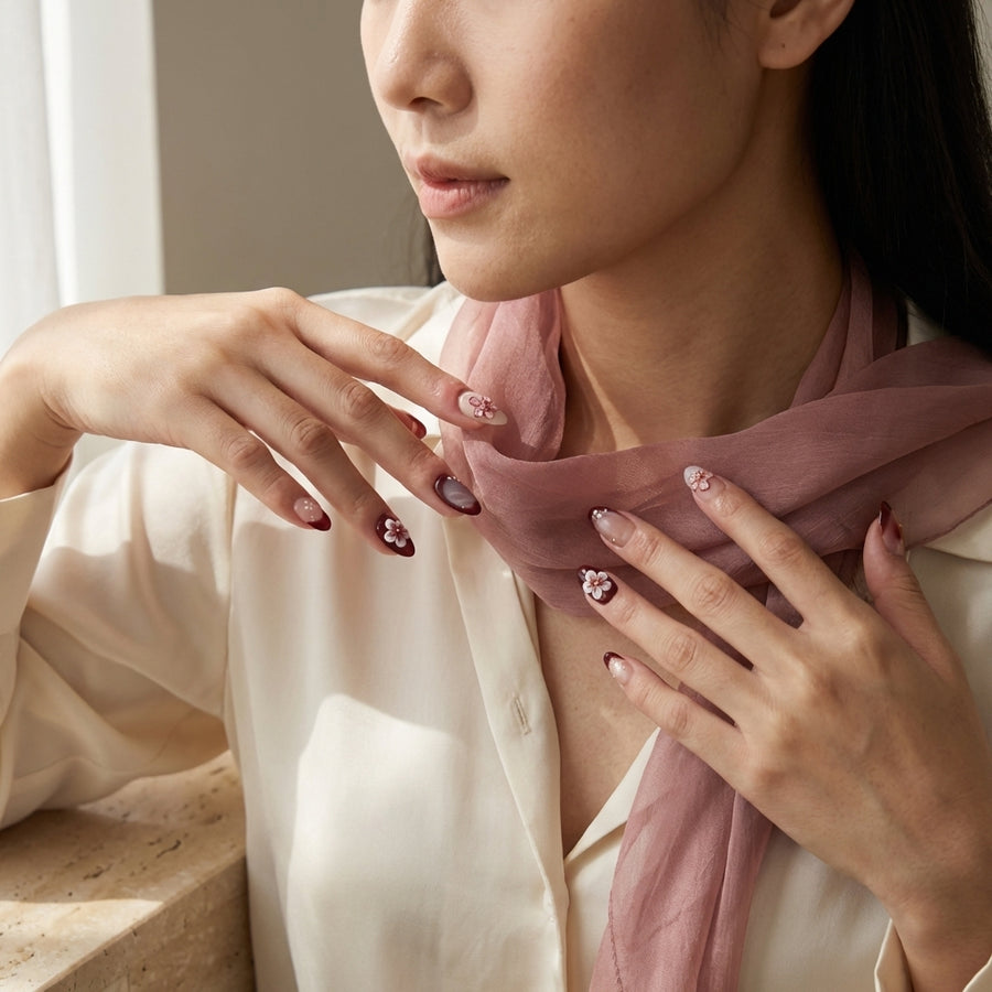 Velvet Cherry Blossom Nails – Burgundy Floral Almond Press-On Set