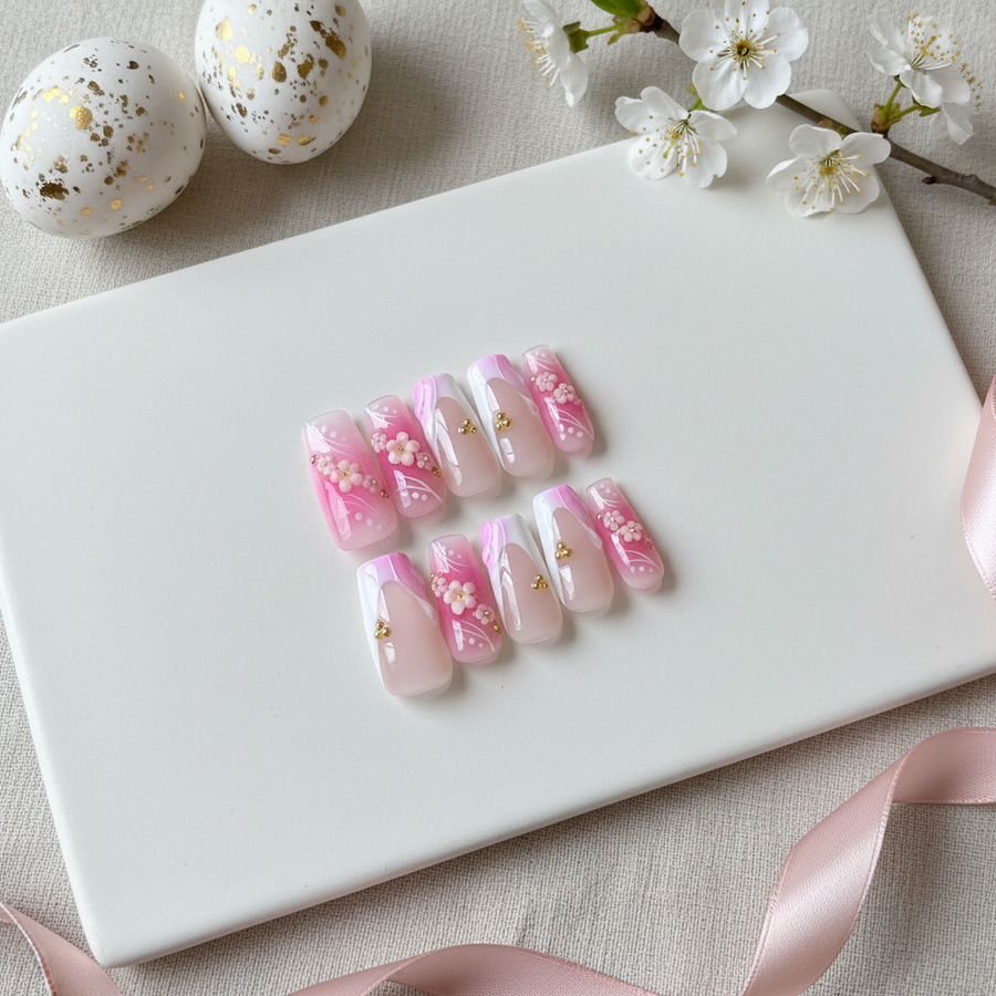 Pink Petal French Tips – Short Floral Gold Accent Press-On Nails