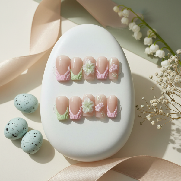 Soft Pastel 3D Floral Press-On Nails – Nude Pink with Handcrafted Blossom Design